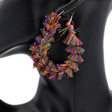 Purple Multicolor Wrapped Tassel Teardrop Hoop Earrings