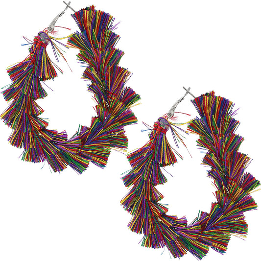 Purple Multicolor Wrapped Tassel Teardrop Hoop Earrings
