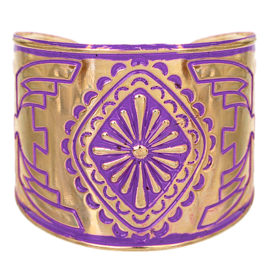 Purple Double-Sided Art Deco Metal Cuff Bracelet