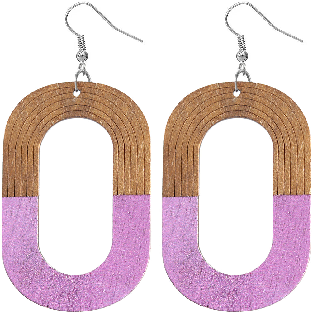 Purple Oval Wooden Dangle Earrings