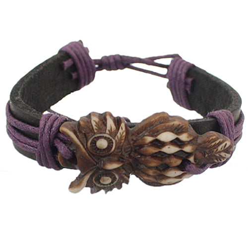 Purple Brown Faux Leather Hoot Owl String Bracelet
