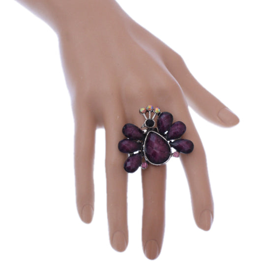 Purple Large Beaded Peacock Adjustable Ring