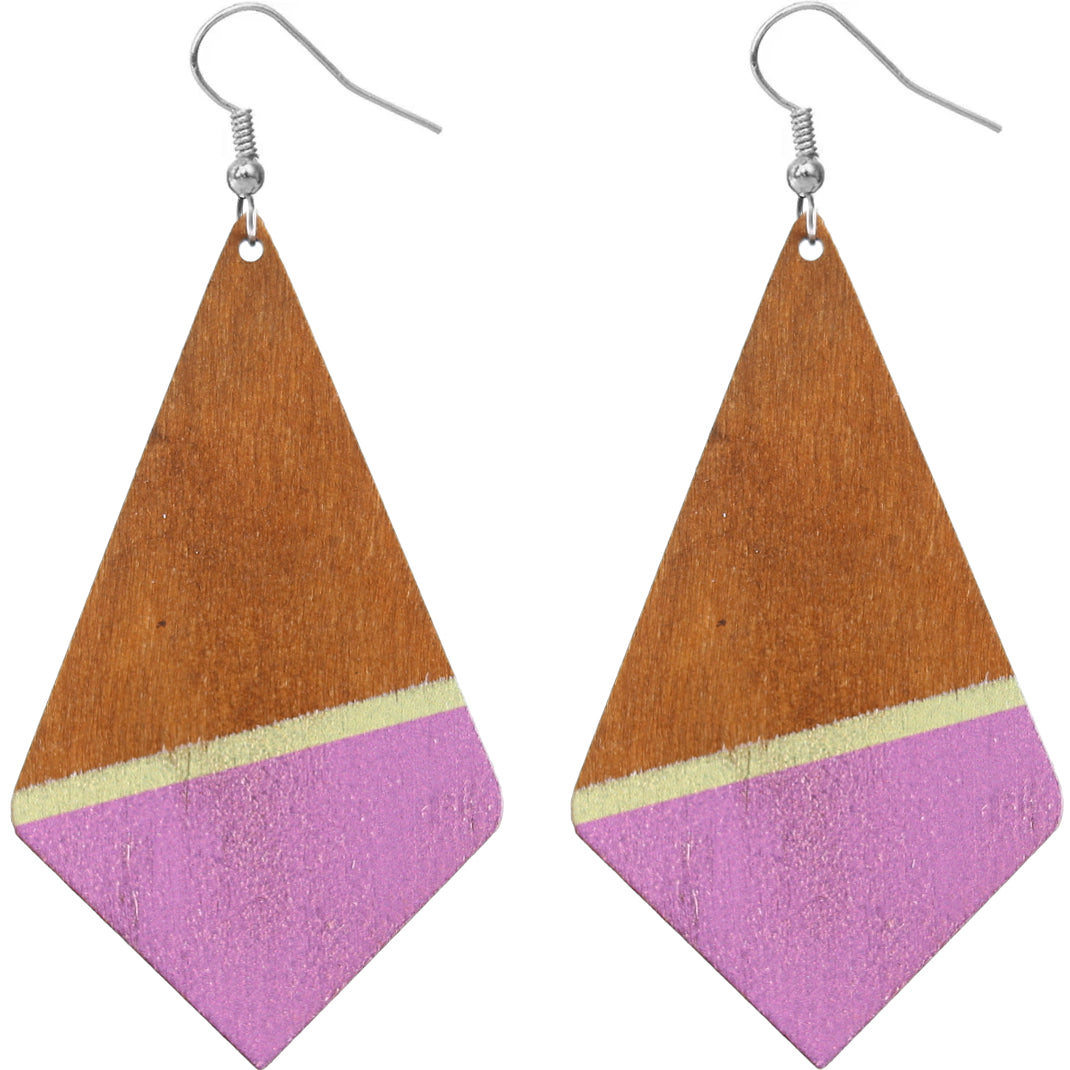 Purple Wooden Geometric Pentagon Dangle Earrings