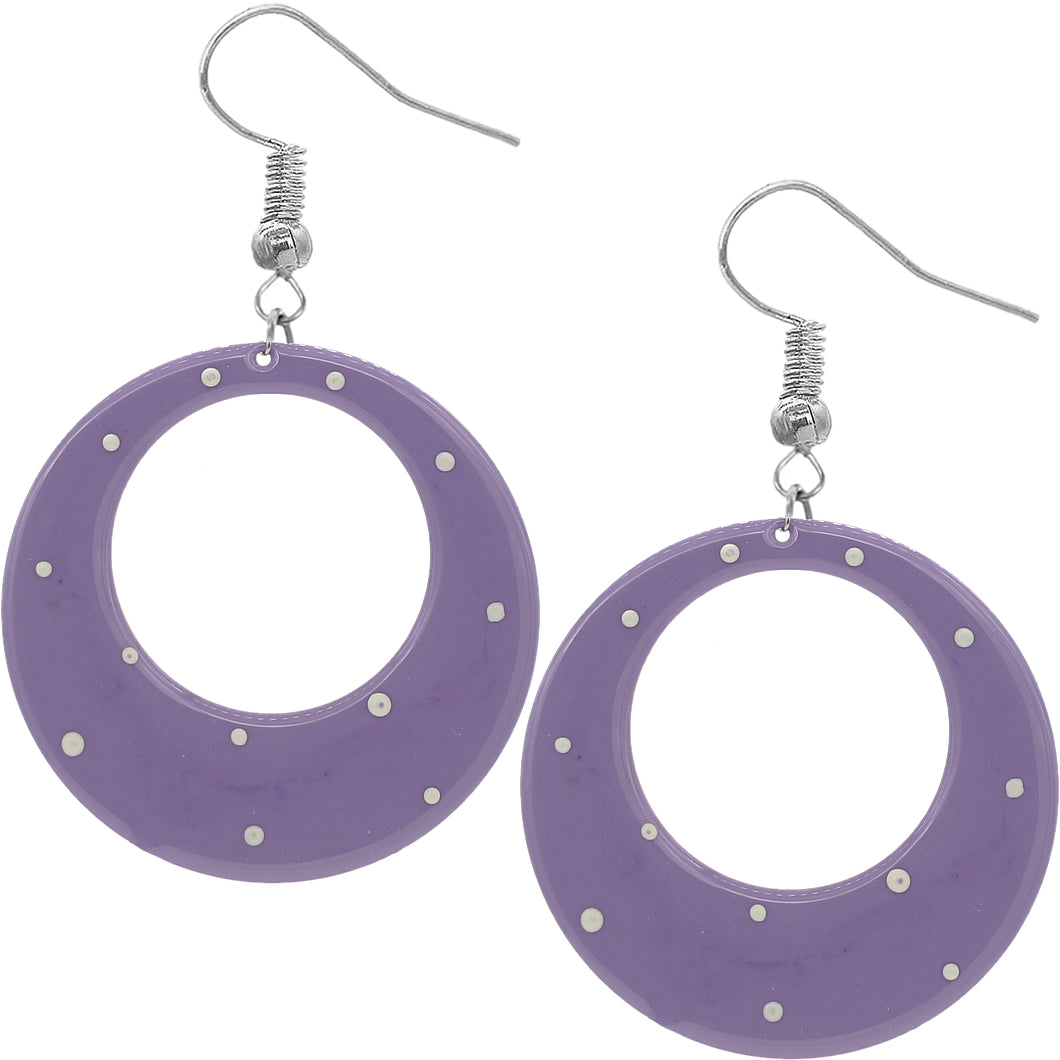 Purple White Round Polka Dot Dangle Earrings