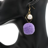 Purple Pom Pom Rhombus Shaped Dangle Earrings