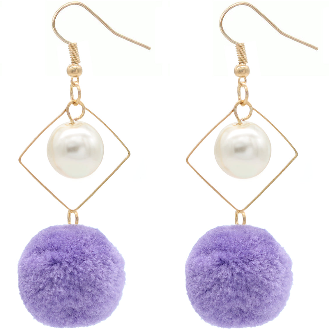Purple Pom Pom Rhombus Shaped Dangle Earrings