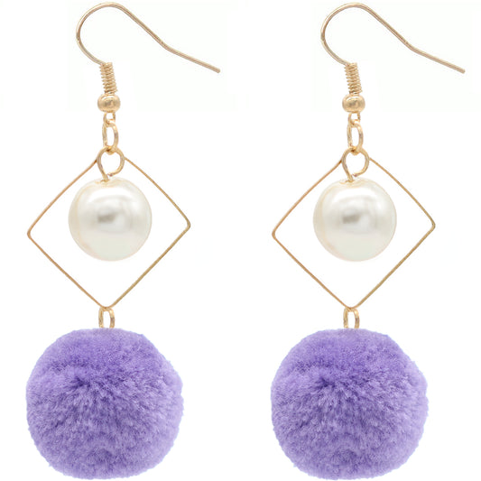Purple Pom Pom Rhombus Shaped Dangle Earrings