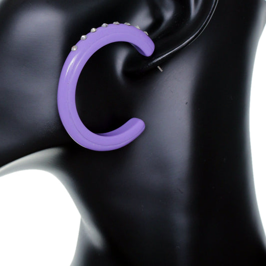 Purple Glossy Rhinestone Hoop Earrings