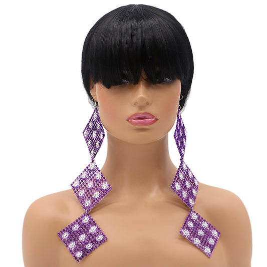 Purple Rhinestone Long Mesh Flat Earrings