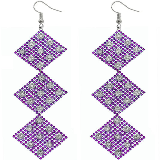 Purple Rhinestone Long Mesh Flat Earrings