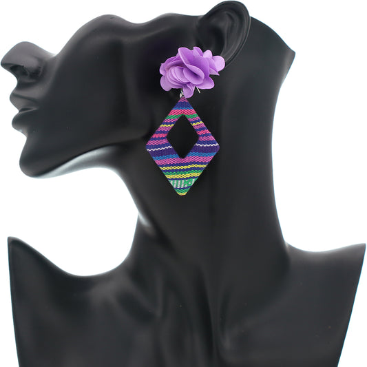 Purple Flower Woven Rhombus Shaped Earrings