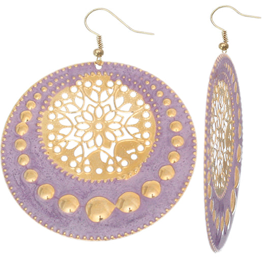 Purple Centered Floral Filigree Dangle Earrings