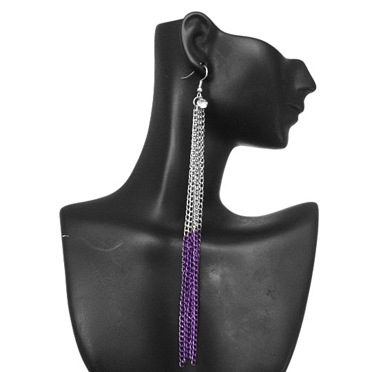 Purple Silver Long Drop Chain Dangle Earrings