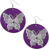 Purple Silver Wooden Butterfly Dangle Earrings