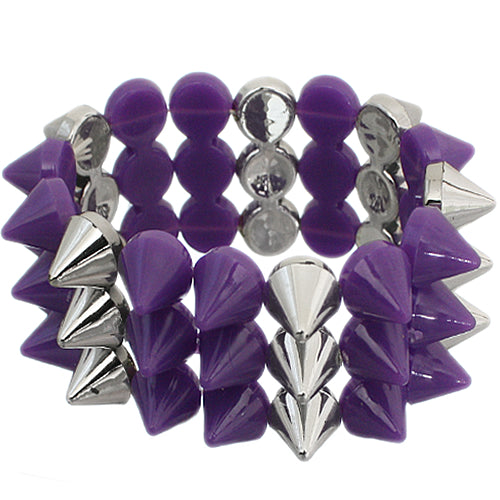 Purple Three Row Cone Spike Stretch Bracelet