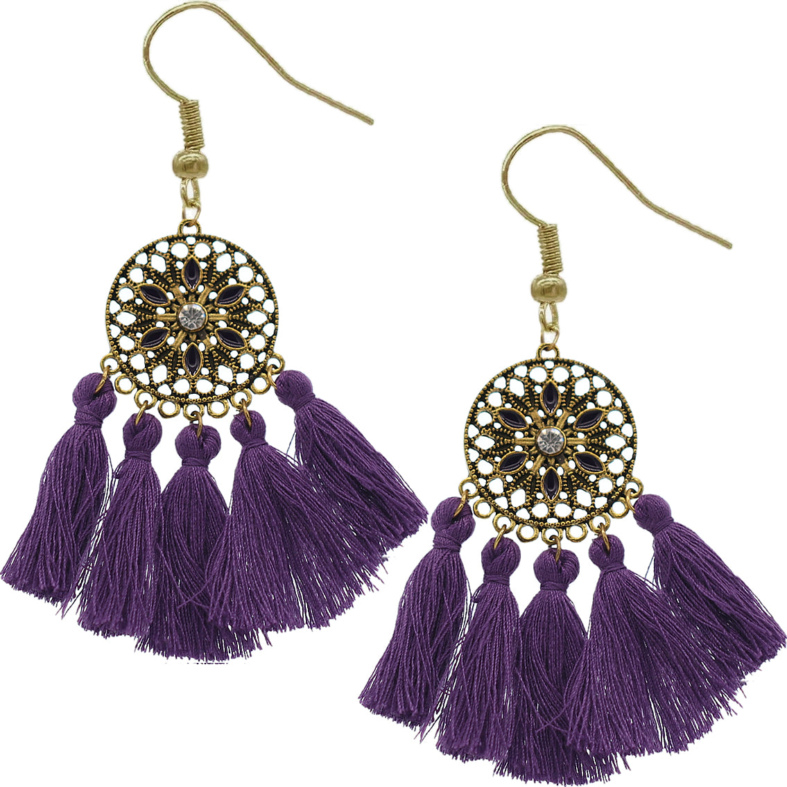 Purple Tassel Fringe Mandala Dangle Earrings