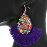 Purple Faux Gemstone Teardrop Tassel Fan Earrings