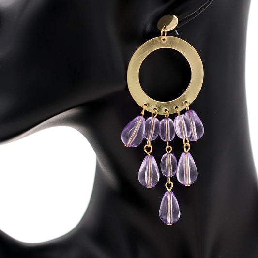 Purple Transparent Beaded Hoop Dangle Earrings