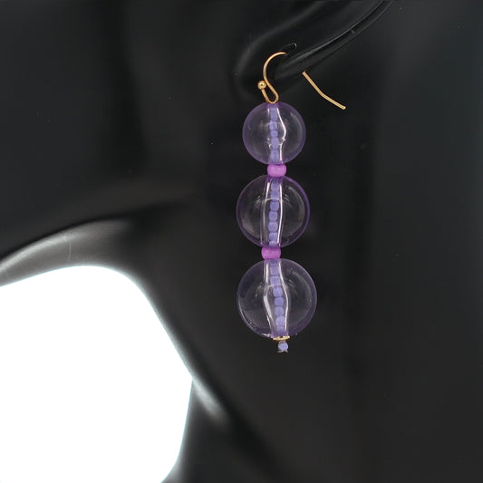 Purple Transparent Triple Ball Drop Earrings