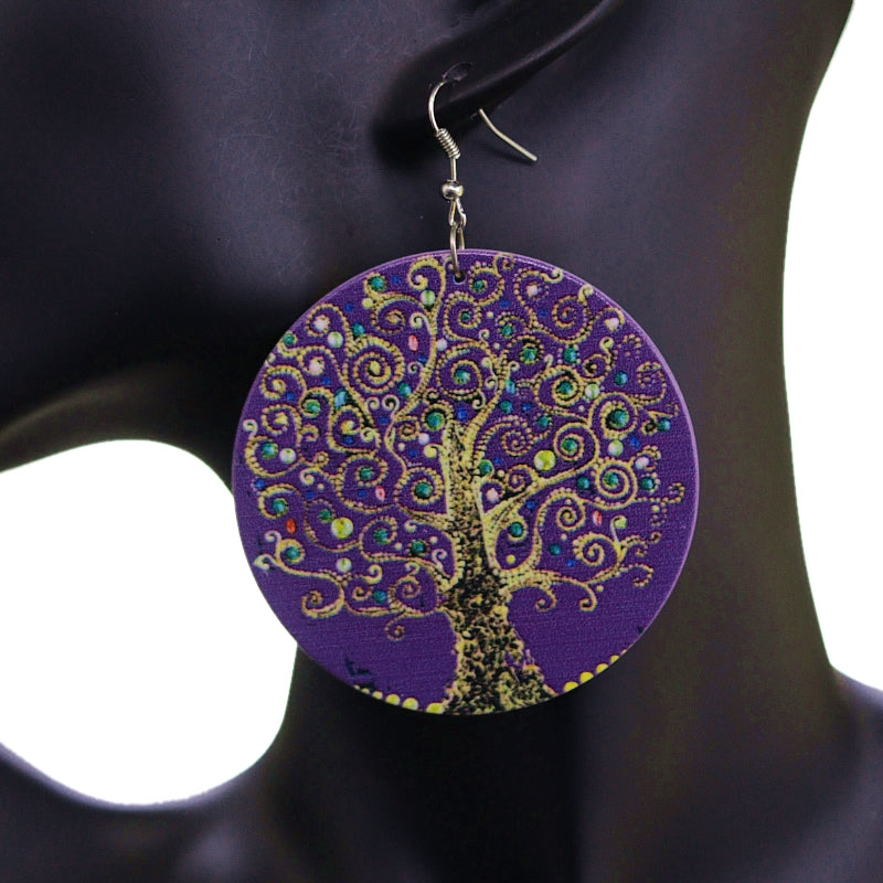 Purple Tree of Life Wooden Earrings