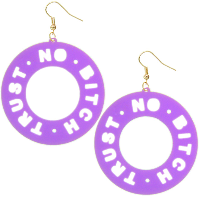 Purple Trust No Bitch Round Cutout Letter Earrings