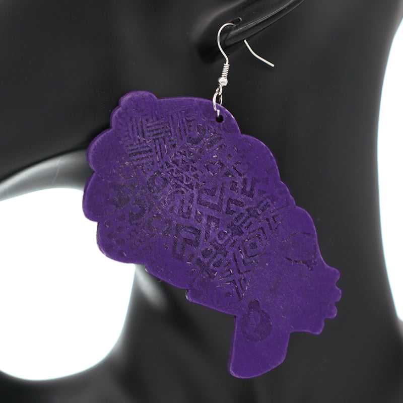 Purple Large Turban Head Wrap Wooden Earrings