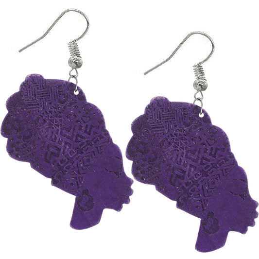 Purple Large Turban Head Wrap Wooden Earrings