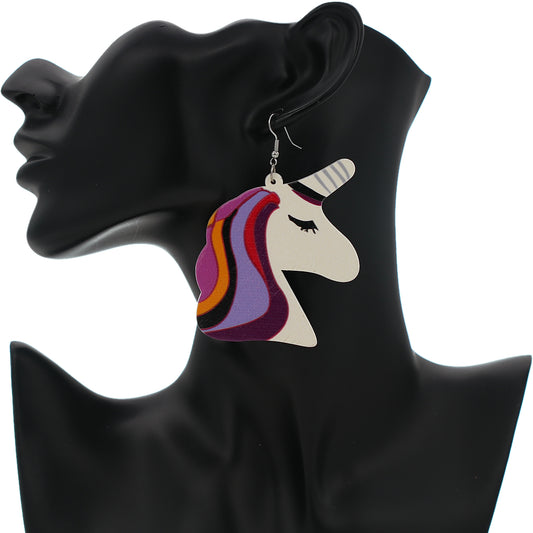 Purple Unicorn Rainbow Hair Wooden Earrings