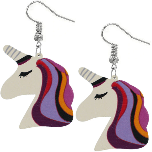 Purple Unicorn Rainbow Hair Wooden Earrings