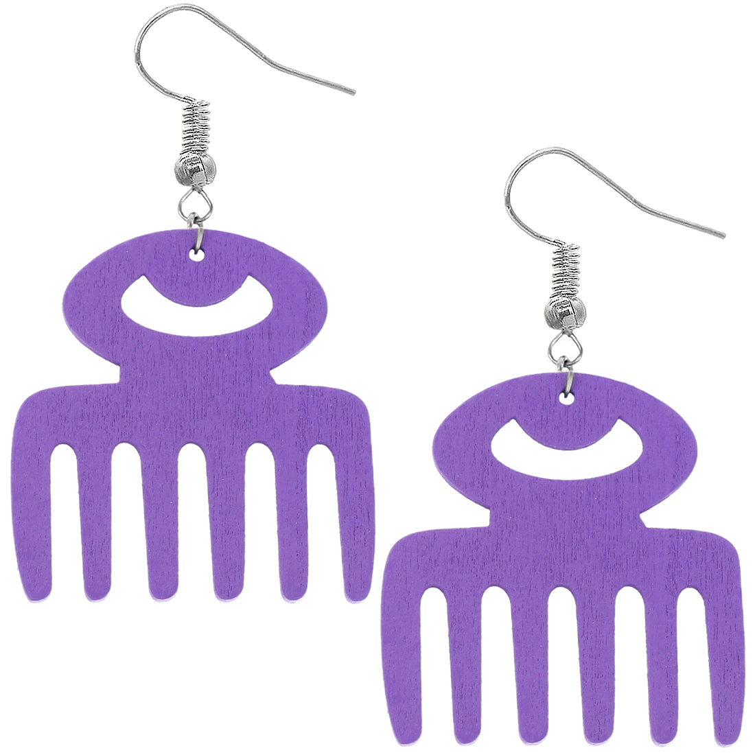 Purple Afro Pick Wooden Dangle Earrings