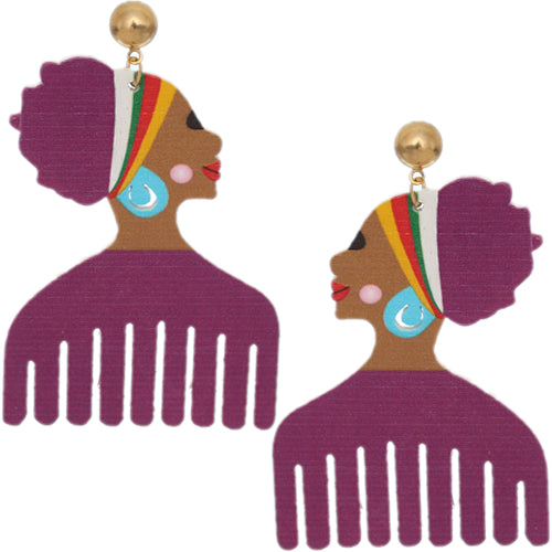 Purple Wooden Afrocentric Afro Pick Earrings