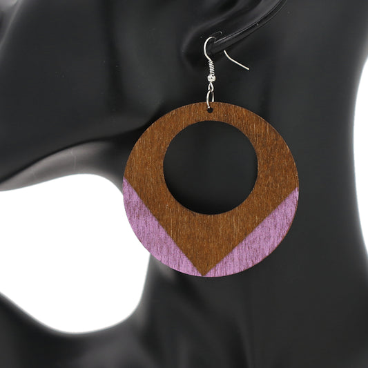 Purple Round Trim Wooden Dangle Earrings