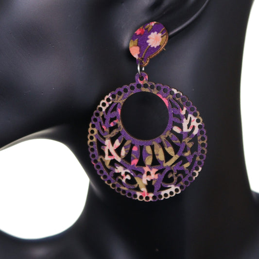Purple Wooden Floral Design Drop Earrings