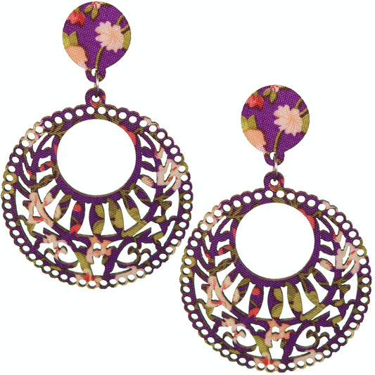 Purple Wooden Floral Design Drop Earrings