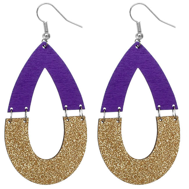 Purple Wooden Glitter Link Teardrop Earrings