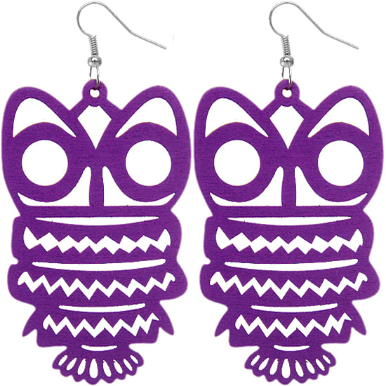 Purple Wooden Hoot Owl Earrings