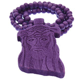 Purple Wooden Beaded Chunky Jesus Piece Necklace