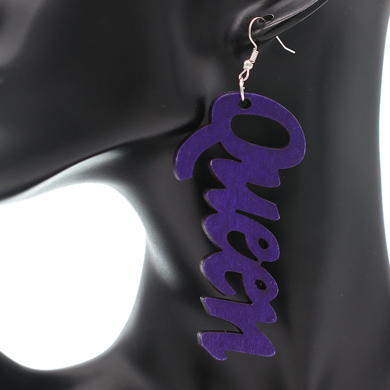 Purple Queen Cursive Word Wooden Earrings