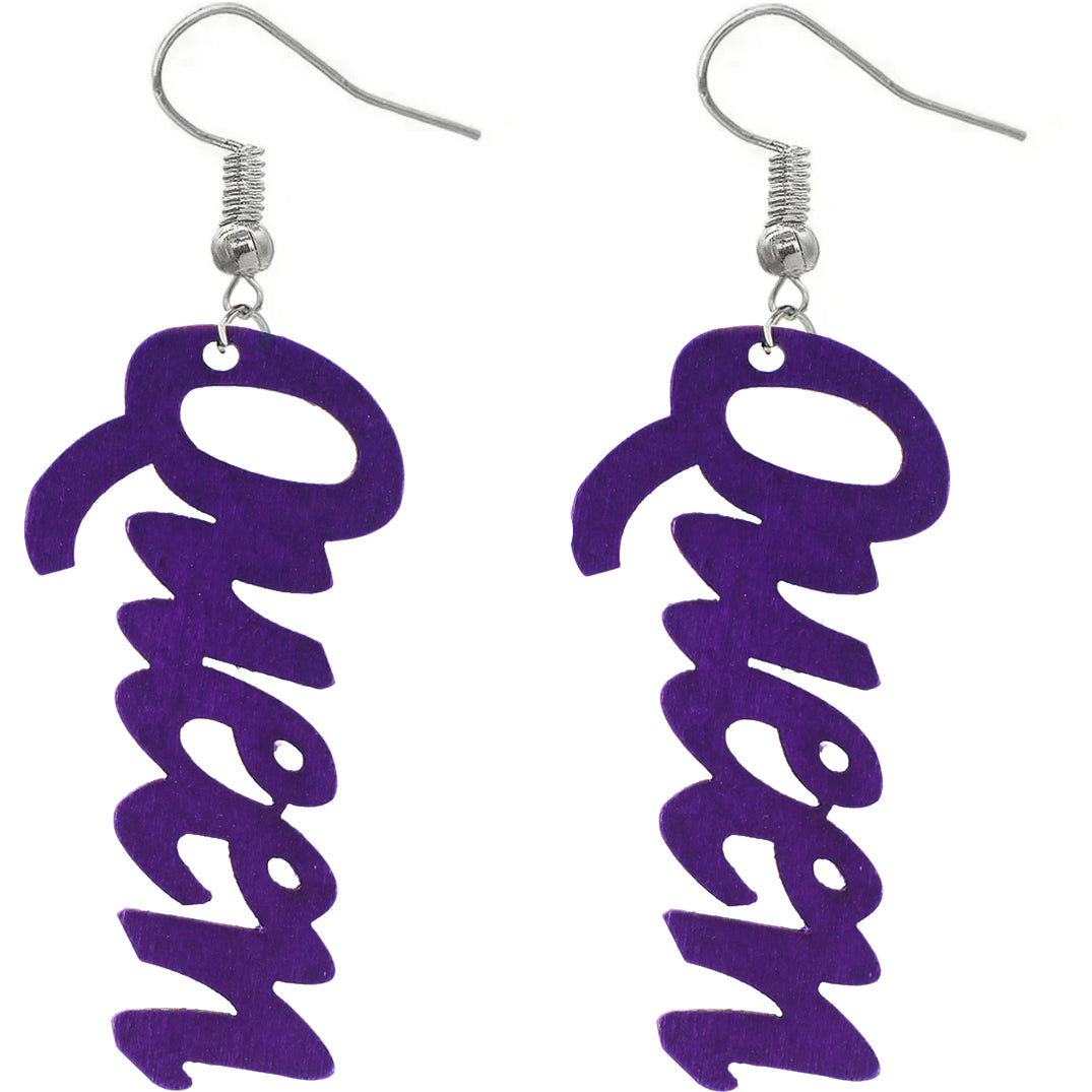 Purple Queen Cursive Word Wooden Earrings
