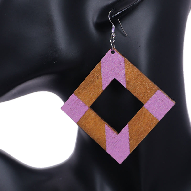 Purple Wooden Rhombus Shape Dangle Earrings