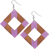 Purple Wooden Rhombus Shape Dangle Earrings