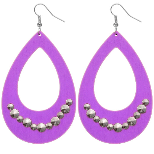 Purple Wooden Large Teardrop Studded Earrings