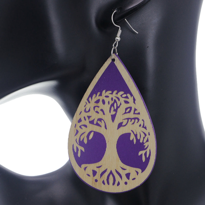Purple Tree Of Life Wooden Teardrop Earrings