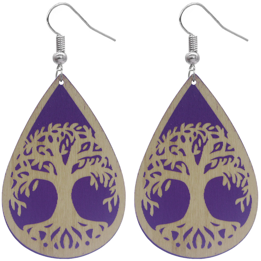 Purple Tree Of Life Wooden Teardrop Earrings
