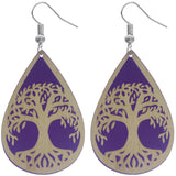 Purple Tree Of Life Wooden Teardrop Earrings