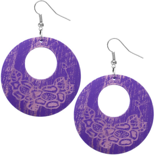 Purple Wooden Open Circle Distressed Earrings