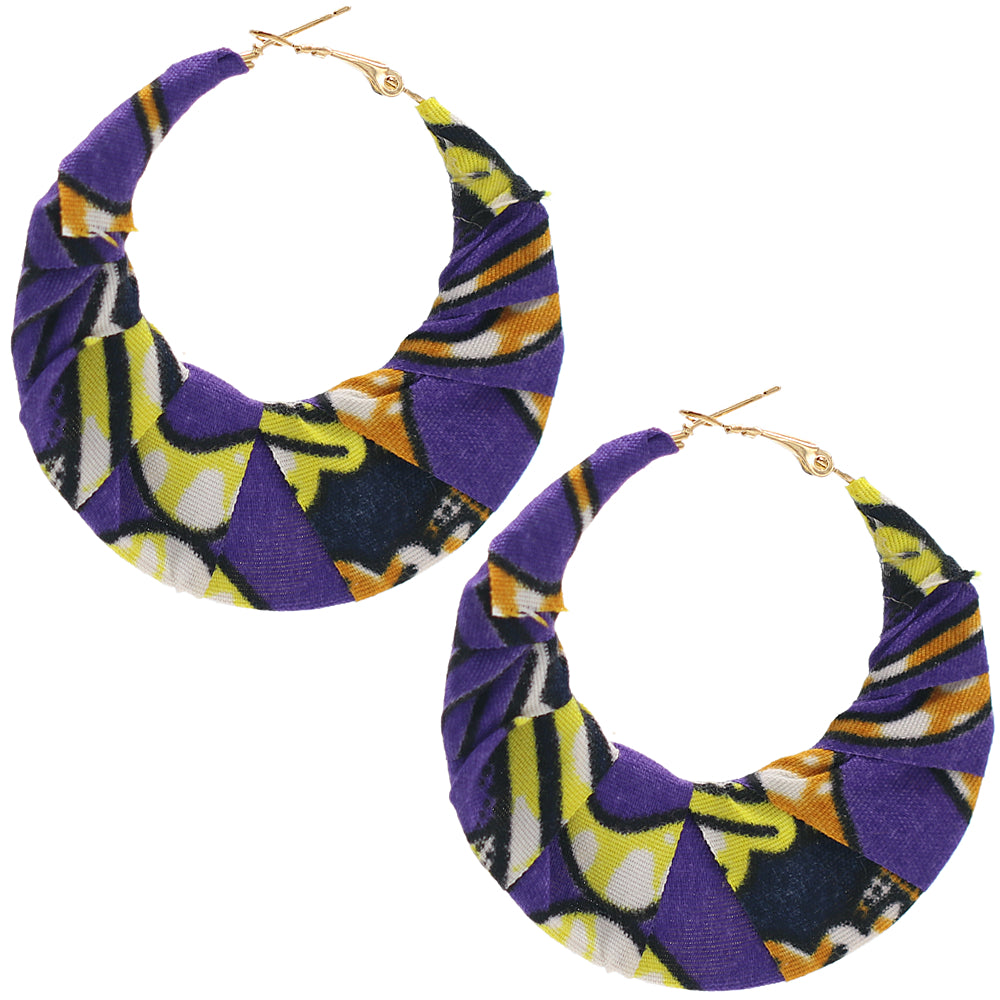 Purple Yellow Fabric Wrapped Hoop Earrings