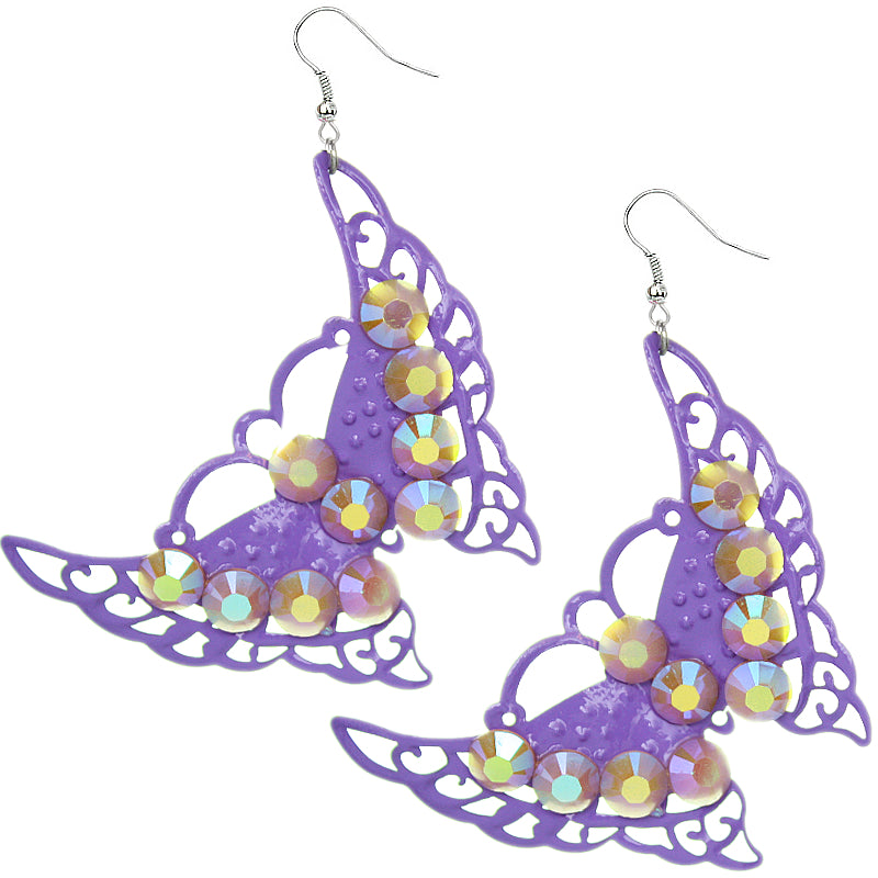 Purple Beaded Iridescent Butterfly Earrings