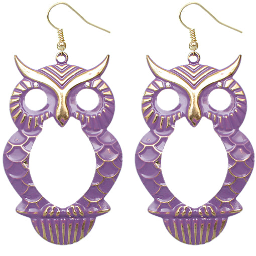 Purple Cutout Dangle Hoot Owl Earrings
