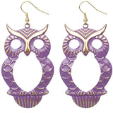 Purple Cutout Dangle Hoot Owl Earrings